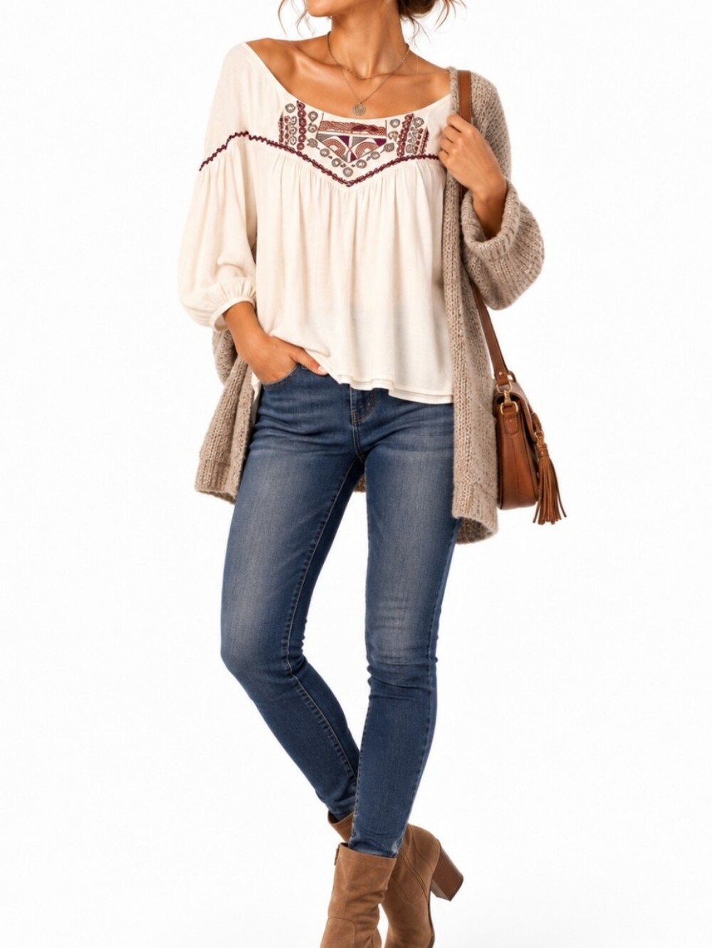 Free People Cream and Purple Embroidered Blouse Boho Cottagecore Western Medium